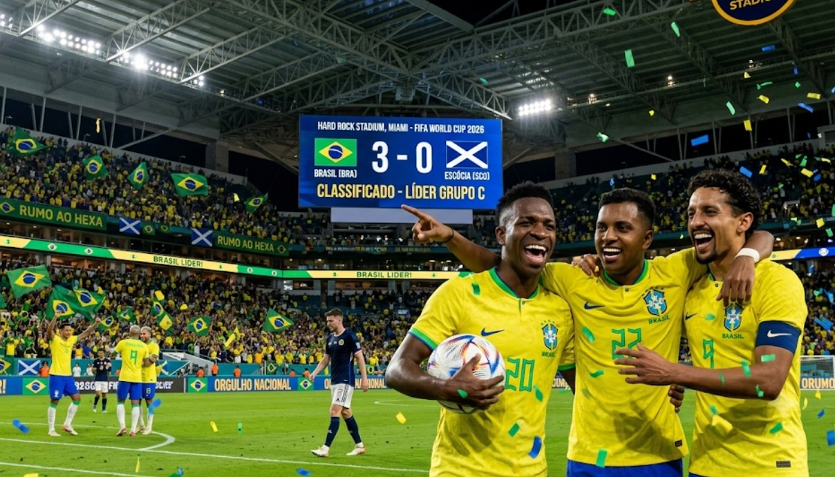 BRASIL ADOTA FUTEBOL DE GALA, VENCE A ESCÓCIA POR 3 A 0 E AVANÇA LÍDER NA COPA DO MUNDO